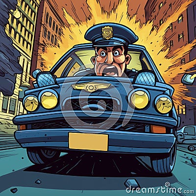 Cartoon Police Car In Shock Cartoon Illustration