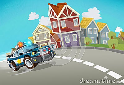 Cartoon police chase through the city - illustration Cartoon Illustration