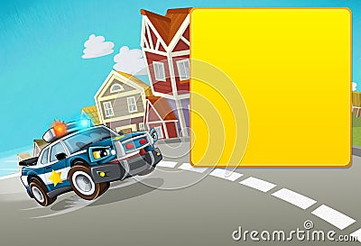 Cartoon police chase through the city with title frame space for text - illustration Cartoon Illustration