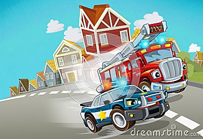 Cartoon police and fire brigade driving through the city - illustration Cartoon Illustration