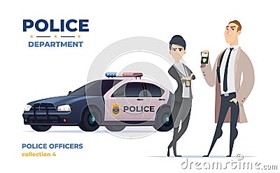 Cartoon police officers in civilian clothes, detective man and woman team. Police car. FBI agents Vector Illustration