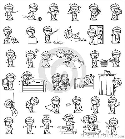 Cartoon Policeman Cop Drawing Collection - Set of Concepts Vector illustrations Cartoon Illustration