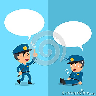 Cartoon policeman expressing different emotions with white speech bubbles Vector Illustration