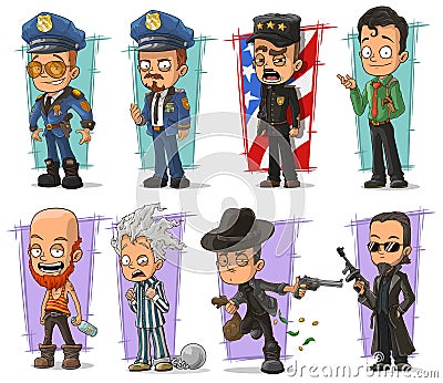 Cartoon policeman in uniform and gangsters character vector set Vector Illustration