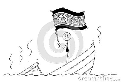 Cartoon of Politician Standing Depressed on Sinking Boat Waving the Flag of Democratic People`s Republic of Korea or Vector Illustration