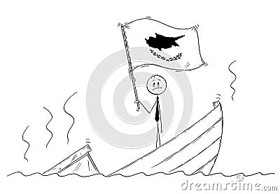 Cartoon of Politician Standing Depressed on Sinking Boat Waving the Flag of Republic of Cyprus Vector Illustration