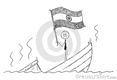 Cartoon of Politician Standing Depressed on Sinking Boat Waving the Flag of Republic of India Vector Illustration