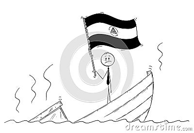 Cartoon of Politician Standing Depressed on Sinking Boat Waving the Flag of Republic of Nicaragua Vector Illustration