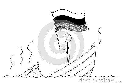 Cartoon of Politician Standing Depressed on Sinking Boat Waving the Flag of Russian Federation or Russia Vector Illustration