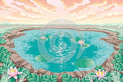 Cartoon pond with lotus Vector Illustration