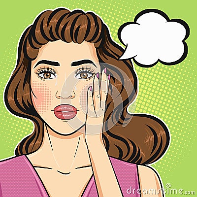 Cartoon pop art woman crying face with teardrops and speech cloud in retro comic style Vector Illustration