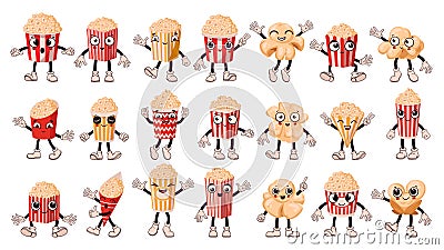 Cartoon popcorn characters. Popping corn funny mascots with emotions, eyes and mouths flat vector illustration set. Cute popcorn Vector Illustration