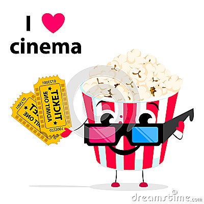 Cartoon Popcorn with eyes, 3d cinema glasses and tickets isolated on background . Vector Illustration