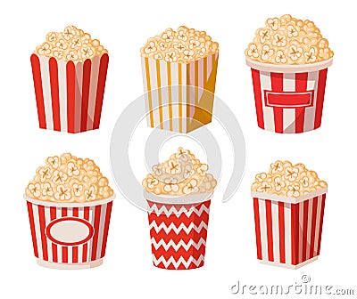 Cartoon popcorn paper buckets. Salty or sweet flavour popcorn in cups, tv or movie watching snack flat vector illustration set. Vector Illustration