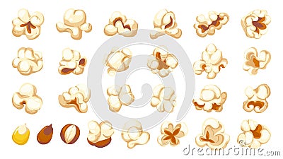 Cartoon popcorn shapes. Film and TV snacks of popping corn, cinema fun food of various shapes. Vector isolated set Vector Illustration