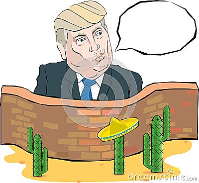 Cartoon Portrait of Donald Trump says something in front of a wall with Mexico Vector Illustration