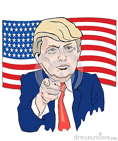 Cartoon Portrait of Donald Trump tie points with your finger Vector Illustration