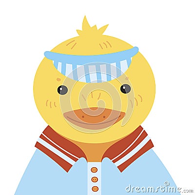 Cartoon portrait of a duckling. Stylized happy duck in a cap. Drawing for children. Vector illustration for a greeting Vector Illustration