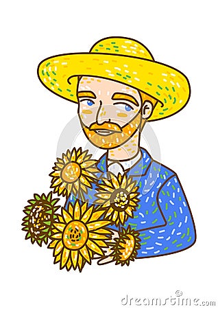 Cartoon portrait of Dutch artist Vincent Van Gogh in a straw hat 2 Vector Illustration