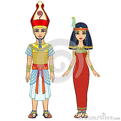 Cartoon portrait of Egyptian family in ancient clothes. Pharaoh, King, God. Full growth. Vector Illustration