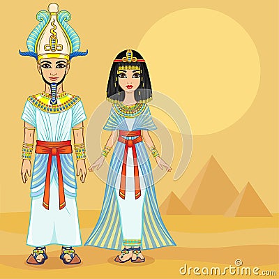 Cartoon portrait of Egyptian family in ancient clothes. Pharaoh, King, God. Full growth. Vector Illustration