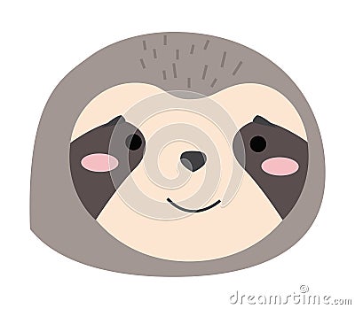 Cartoon portrait of the sloth isolated. Cute idler flat vector illustration. Muzzle of wild animal Vector Illustration