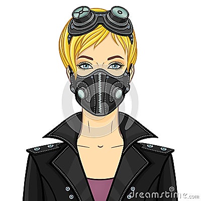 Cartoon portrait of a young white woman In protective leather mask and steampunk glasses. Vector Illustration