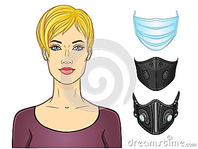 Cartoon portrait of a young white woman, a set of medical masks of different design. Vector Illustration