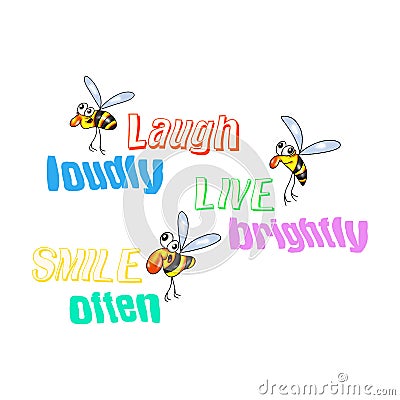 Cartoon positive bees. Laugh out loud, smile more often, live brightly. Illustration for printing Stock Photo