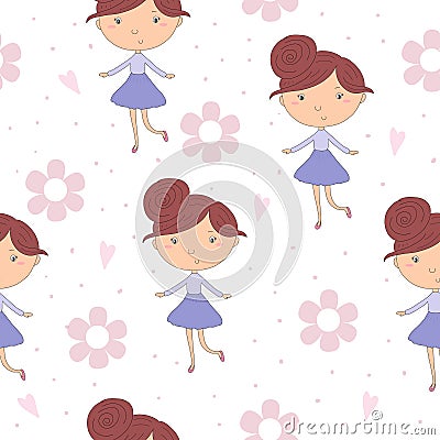 Cartoon positive seamless pattern with cute girls Vector Illustration