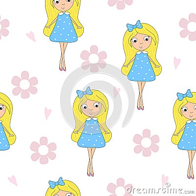 Cartoon positive seamless pattern with cute girls Vector Illustration