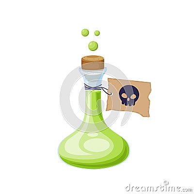 Cartoon potion glass bottle with cork and paper label Vector Illustration
