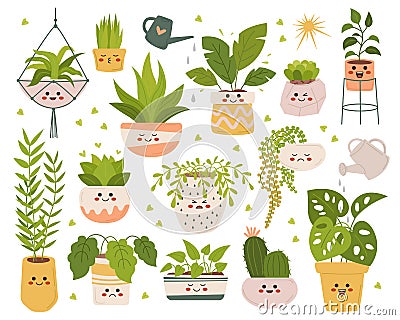 Cartoon pots with green and fading houseplant flat icons set. Tropical plant for interior decor. Beautiful cactus Vector Illustration