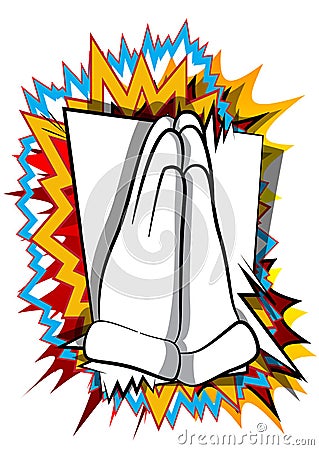 Cartoon praying hands on comic book background. Vector Illustration