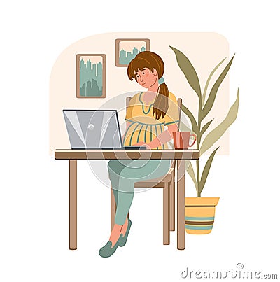 Cartoon pregnant woman with laptop working from home. Happy pregnancy. Girl sitting in modern interior. Home office concept. Vector Illustration