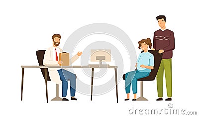 Cartoon pregnant woman and smiling man visit doctor at clinic vector flat illustration. Happy future parents at Vector Illustration