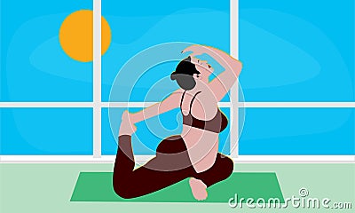 Pregnant European woman stretches the entire body doing Pigeon pose on a yoga mat. Relaxation and exercises in gym class, Vector Illustration