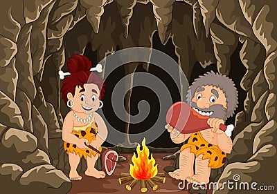 Cartoon prehistoric caveman couple with cave background Vector Illustration