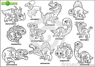 Cartoon prehistoric dinosaurs, coloring book, set of images Vector Illustration