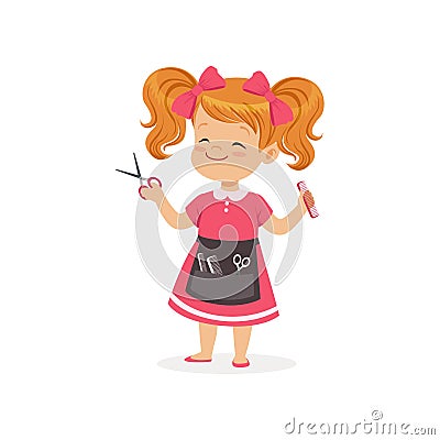Cartoon preschool girl with apron and barber tools in hands. Hair stylist role play. Career day concept. Flat child Vector Illustration