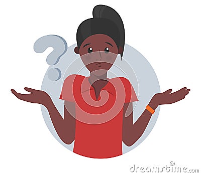 Cartoon pretty black girl doubts, thinks why. Woman with question mark. Vector illustration Vector Illustration