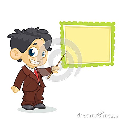 Cartoon pretty boy character in business suite pointing whiteboard. Vector illustration of a small boy presenting Vector Illustration
