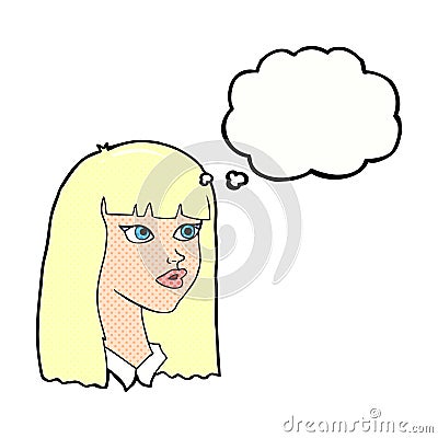 cartoon pretty girl with long hair with thought bubble Stock Photo