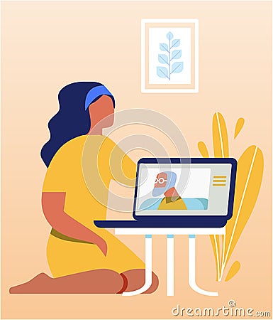Pretty Woman Speaking with Old Relative via Laptop Vector Illustration