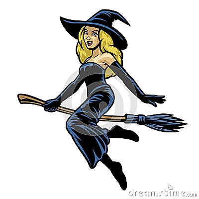 Cartoon pretty women cosplay lady witch riding flying broom Vector Illustration