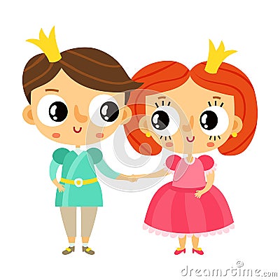 Cartoon prince and princess holding hands, cute vector character Vector Illustration