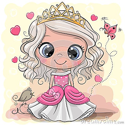 Cartoon Princess with bird on a yelow background Vector Illustration
