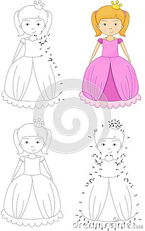 Cartoon princess. Coloring book and dot to dot game for kids Vector Illustration