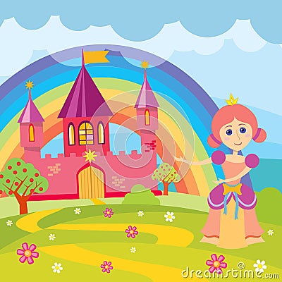 Cartoon princess and fairytale castle with landscape vector illustration Vector Illustration