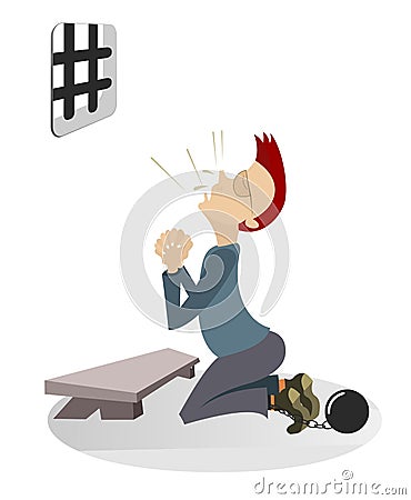 Cartoon prisoner prays in the kneel illustration Vector Illustration